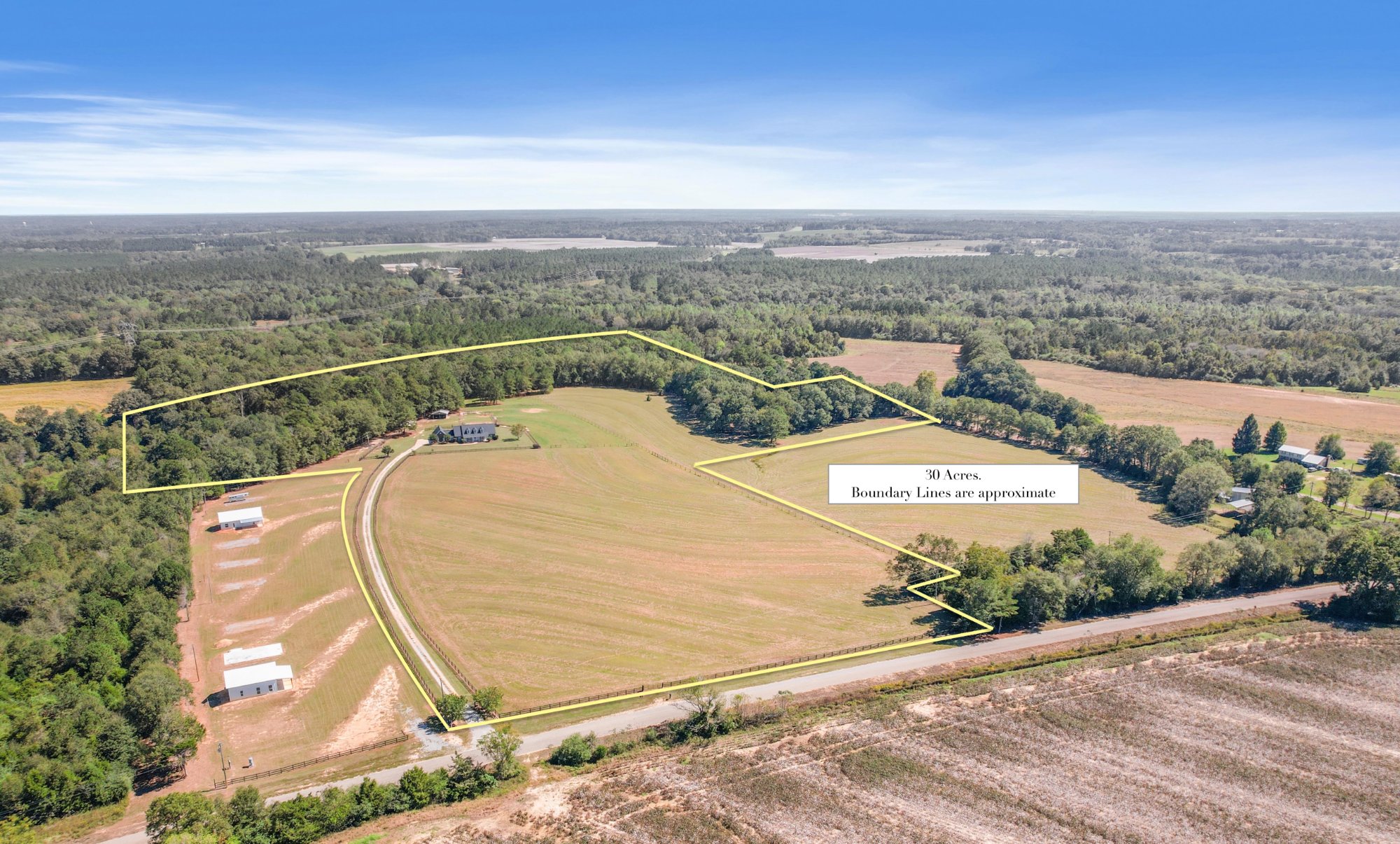 Aerial view of the 30-acre gated estate with boundary lines